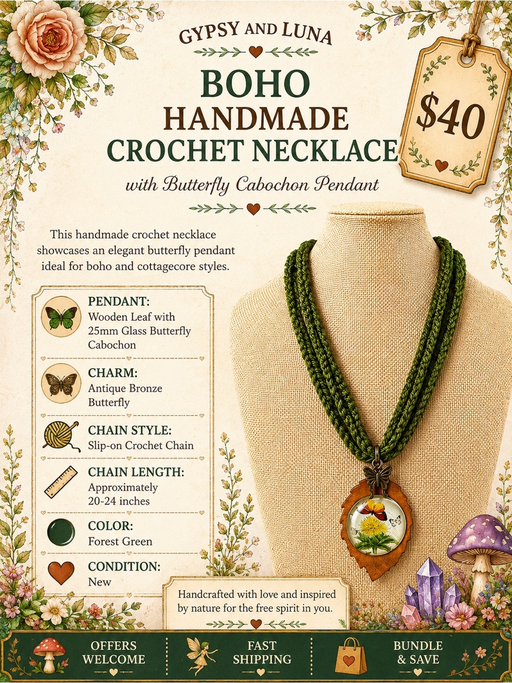 Boho Handmade Crochet Necklace with Butterfly Cabochon Pendant